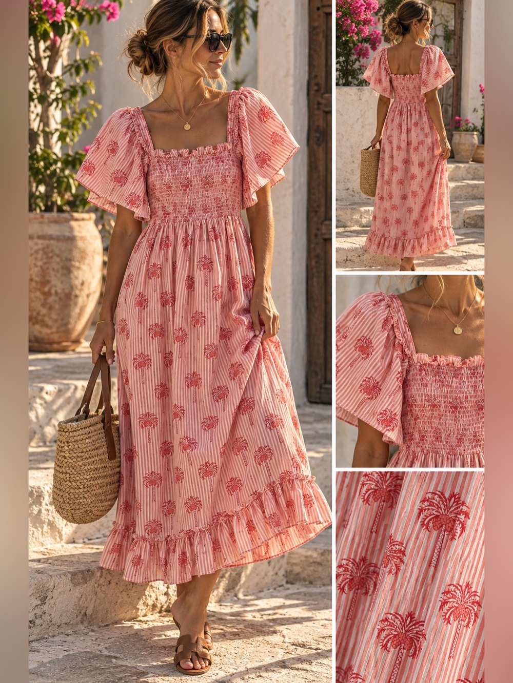 Tuckernuck Pink City Prints Palm Tree Smocked Midi Maxi Dress – Size S
